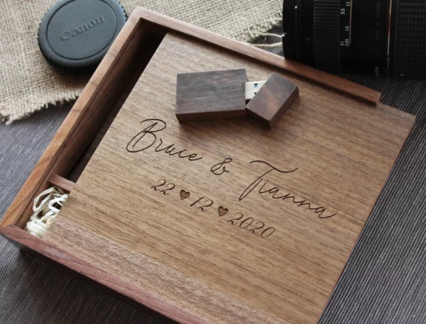 Personalised Wooden Photo Album box for 6x4" Photo Prints with additional Wooden USB Memory stick (Solid Walnut) - Image 2