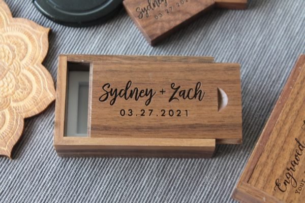 Personalised Wooden rectangular wedding usb with small presentation box