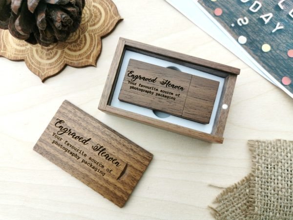 Personalised Wooden rectangular wedding usb with small presentation box