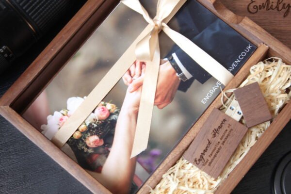 Personalised Wooden Photo Album box Engraved Spine for 6x4" Photo Prints with additional Wooden USB Memory stick (Solid Walnut) - Image 7