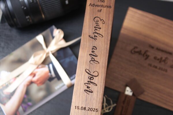 Personalised Wooden Photo Album box Engraved Spine for 6x4" Photo Prints with additional Wooden USB Memory stick (Solid Walnut) - Image 5