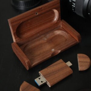 Personalised Wooden oval wedding USB-A and USB-C 32GB with small presentation box (Walnut)